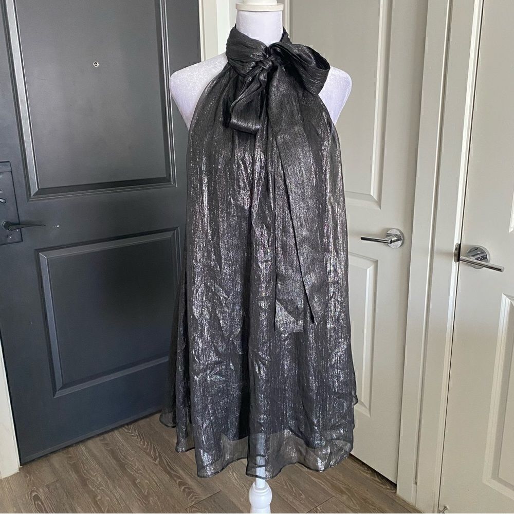 Choosy Gray Metallic A-line Halter Mini Dress with Open Back and Bow Tie Size S